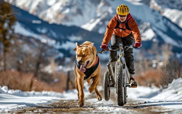 Dog and human bikejoring on a dirt path