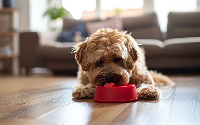 Dog eating from a puzzle feeder to promote healthy digestion