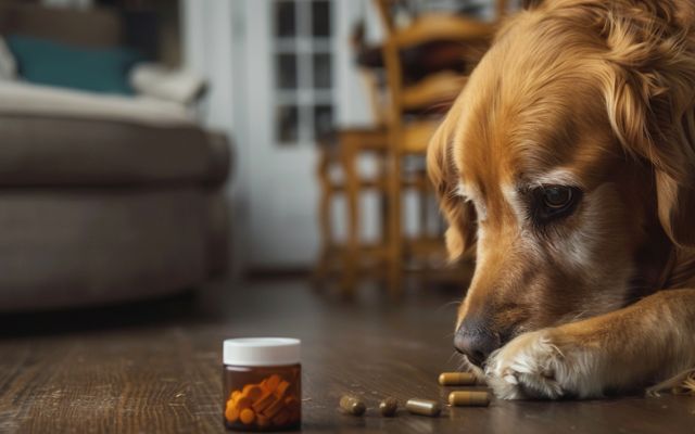 Dog sniffing medication bottle, a reminder to keep medications out of reach.