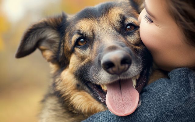 Happy dog being hugged by its owner, signifying the bond between humans and their furry companions.