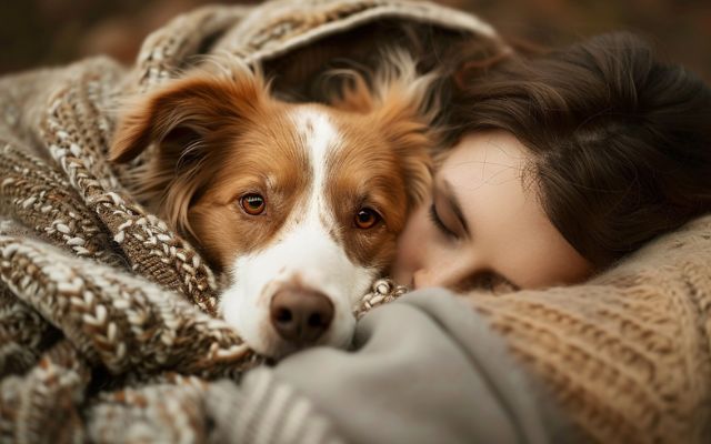 Heartwarming photo of a dog and their owner cuddling