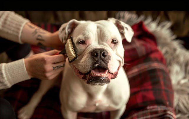 Illustration: A person is grooming an American Bulldog