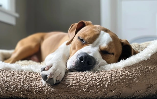 Illustration: A tired Bullador napping completely on a cozy dog ​​bed