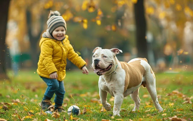 Illustration: American Bulldog playing with a child in the park