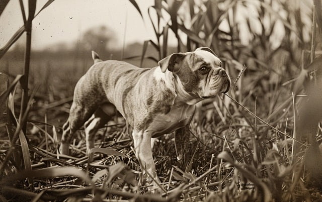 Illustration: Old photo of an American Bulldog in a rural setting