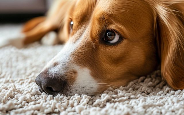 Image of a dog enthusiastically licking a carpet