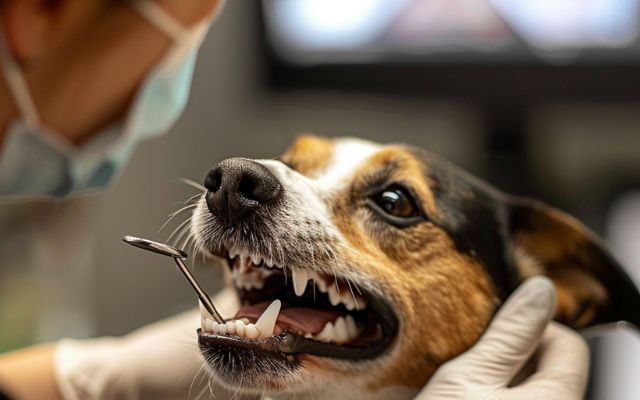 
Image of a dog getting its teeth cleaned at the vet