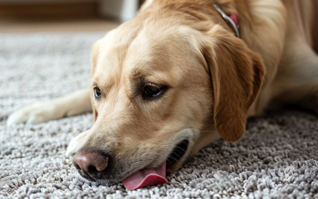 Image of a dog licking the carpet