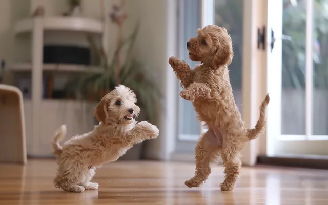Mini Aussiedoodle and Mini Goldendoodles playing indoors