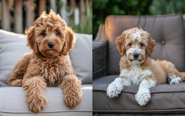 Photos of Mini Aussiedoodles and Mini Goldendoodles side by side