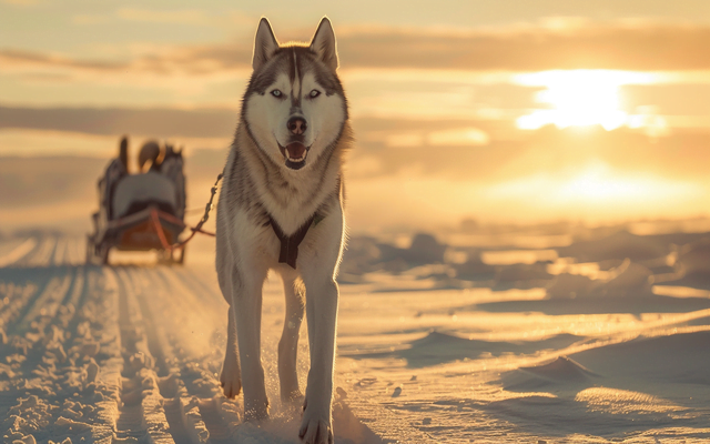 Siberian Husky pulling a sled across a snowy landscape, showcasing their working dog heritage