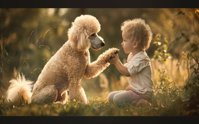 Standard Poodle and a child playing together
