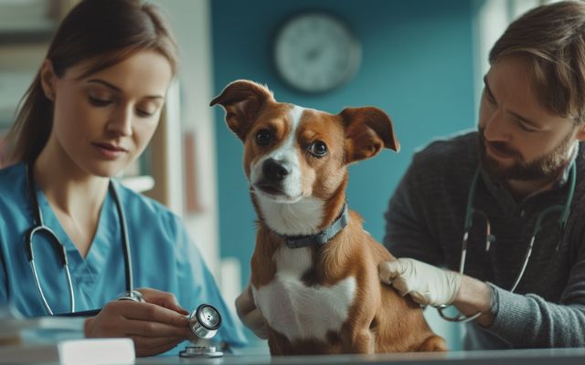 Veterinarian examining a dog with a stethoscope to diagnose the cause of persistent hiccups.