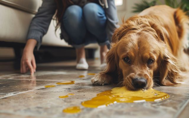 Worried dog owner comforting their dog who is vomiting yellow foam.