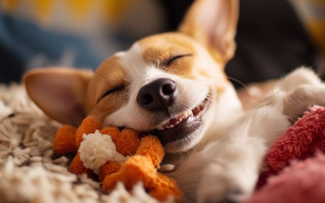 A dog enjoying a safe chew toy, promoting alternative options to chicken bones for fulfilling a dog's natural chewing instincts.