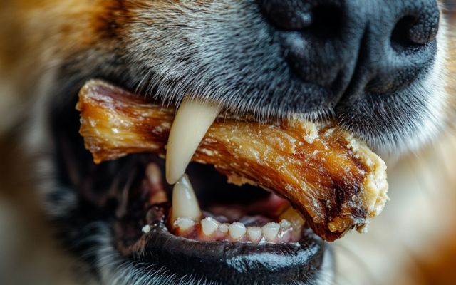 Close-up of a dog with a cooked chicken bone stuck in its mouth, highlighting the potential danger of feeding dogs cooked bones.