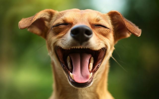 Close-up of a panting dog after exercise.