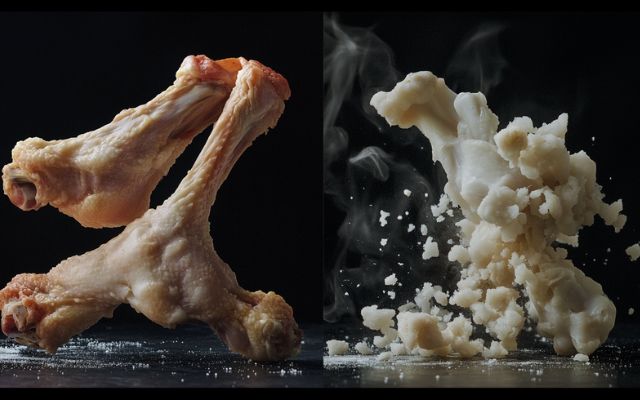 Side-by-side comparison of a raw chicken bone and a cooked chicken bone, showing how cooking makes bones brittle and dangerous for dogs.