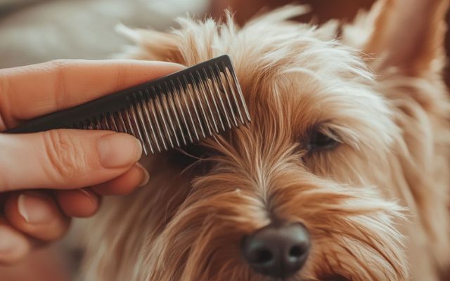 Using a wide-toothed comb to remove a minor tangle from a dog's fur.