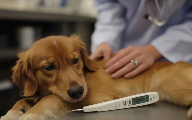 Veterinarian demonstrating how to take a dog's rectal temperature