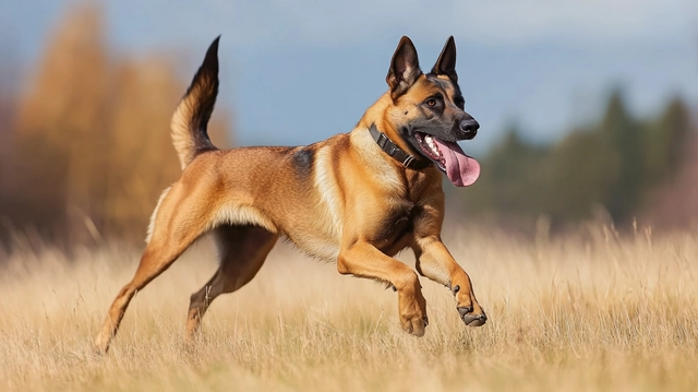 A Belgian Malinois in action during a police training exercise or participating in an agility competition