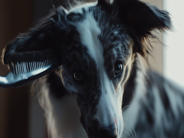 A Blue Merle Border Collie being brushed to illustrate proper grooming techniques