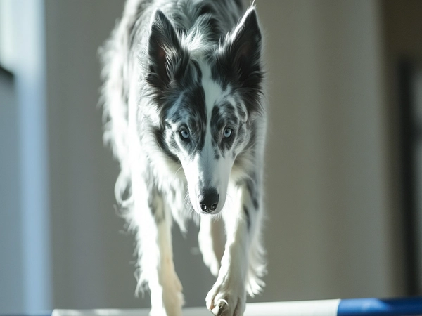 A Blue Merle Border Collie navigating an agility course