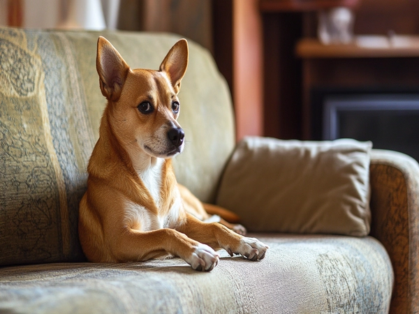 A Chipin dog sitting on a couch