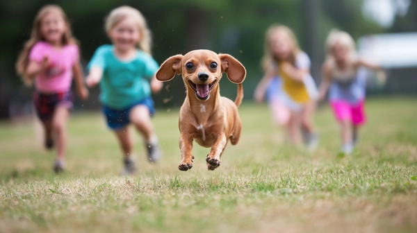 A Chiweenie engaging in play with children, illustrating their playful and affectionate nature