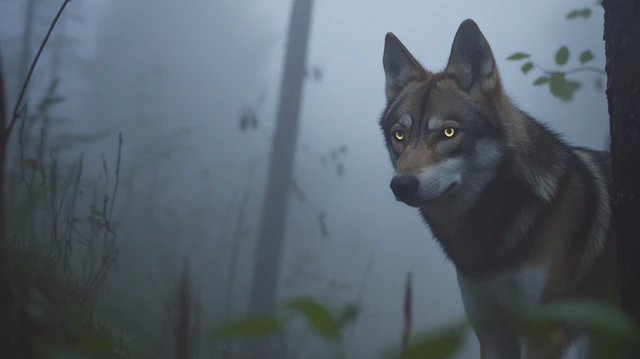 A Czechoslovakian Wolfdog with a wolf-like coat, standing in a misty forest at dawn, its yellow eyes focused and alert