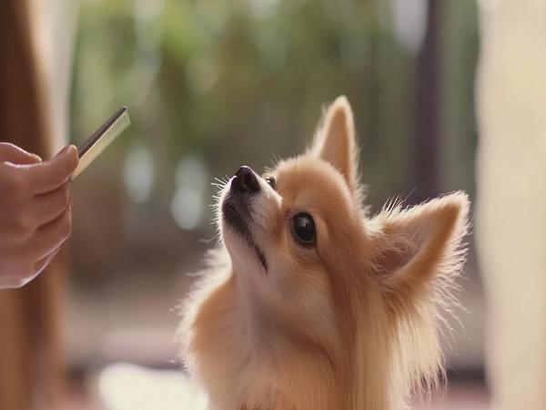 A Pomchi being groomed or engaged in a play session, emphasizing care routines.