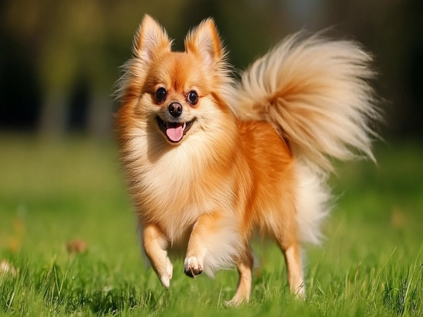 A high-quality photograph of a Pomchi, showcasing its unique blend of Pomeranian and Chihuahua features