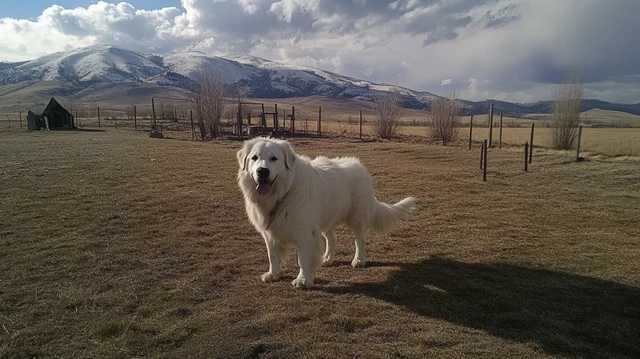 A photo of an Anatolian Pyrenees in a large, open yard