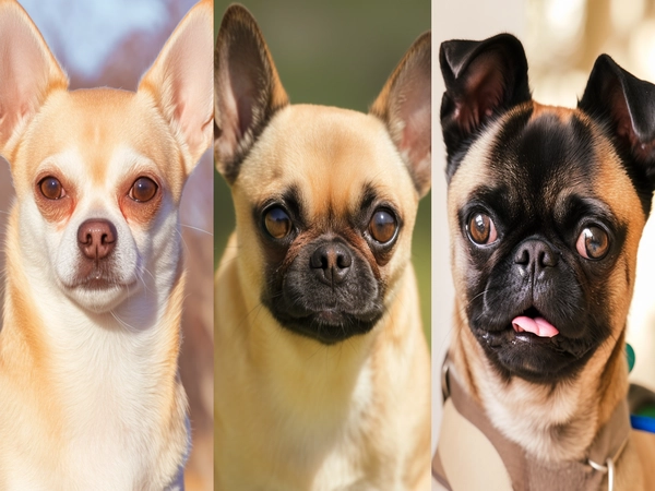 A side-by-side comparison of a Chihuahua, a Pug, and a Chug to highlight the blend of physical traits