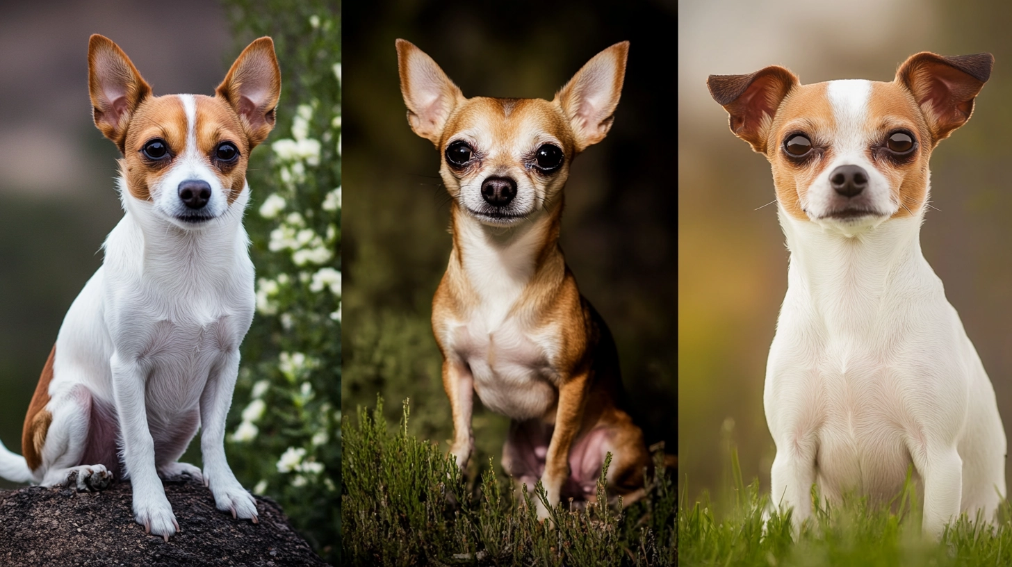 A side-by-side comparison of a Jack Russell Terrier, a Chihuahua, and a Jack Chi to highlight the blend of physical traits