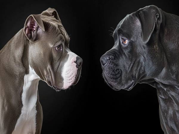 A side-by-side comparison of the American Pit Corso with its parent breeds (American Pit Bull Terrier and Cane Corso)