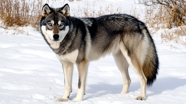 A striking Husky Wolf Mix with piercing blue eyes, a thick fur coat of gray and white, standing in a snowy landscape with a strong, wild presence