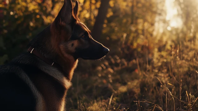 A strong and noble German Shepherd, standing confidently in a sunlit field, its alert eyes scanning the surroundings, with a sleek black and tan coat