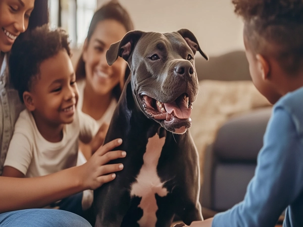 American Pit Corso dog interacting with family members