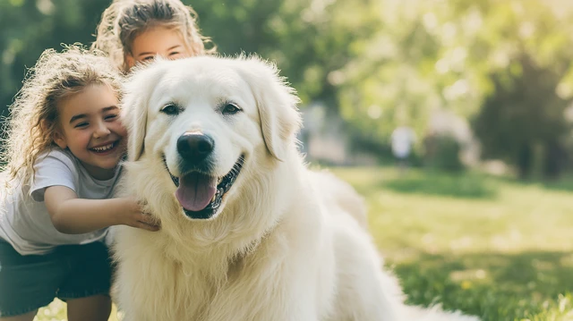 An Anatolian Pyrenees dog with family