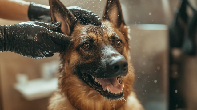 Belgian Malinois dog being groomed or having its ears cleaned