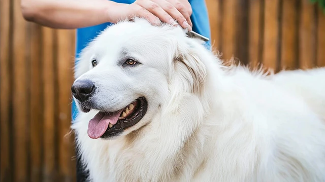 Even in moments of grooming, the Great Pyrenees exudes elegance—its thick, luxurious coat a testament to both beauty and the care required to maintain its regal appearance.