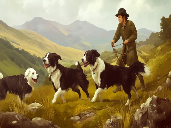 Historical depiction of Border Collies at work in the Anglo-Scottish border region