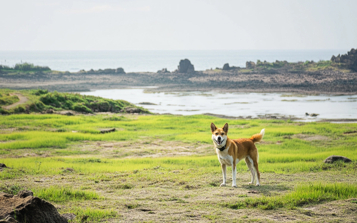 Jeju Dog standing alertly on Jeju Island