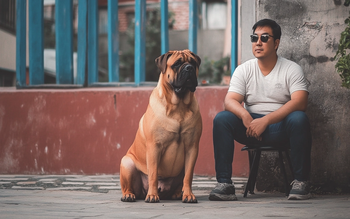 Korean Mastiff sitting calmly beside its owner