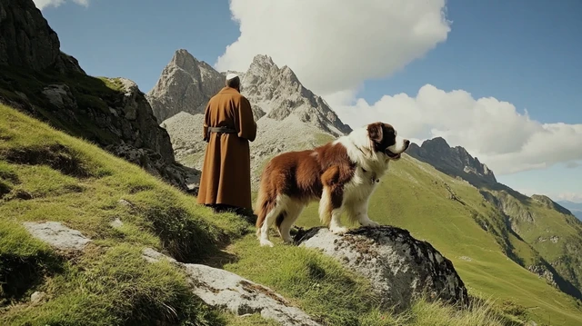 Saint Bernards alongside monks in the Alps