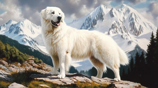 Standing tall against the rugged peaks, the Great Pyrenees embodies both grace and strength, a true guardian of the mountains