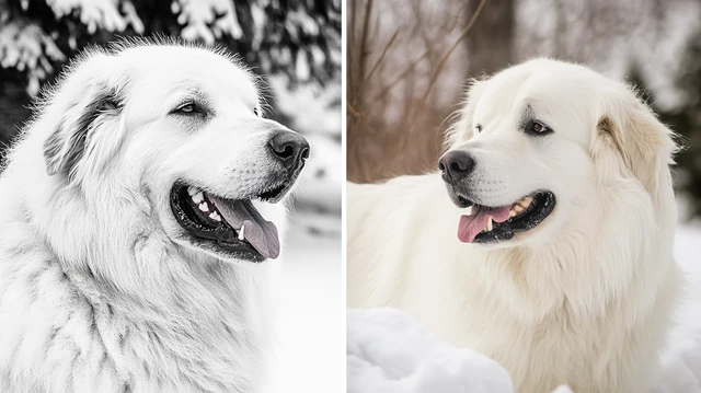 With its striking double dewclaws and majestic, flowing coat, the Great Pyrenees commands attention, showcasing its size and elegance in every stride.