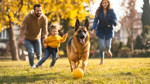 A Belgian Malinois engaging in training or play with family members