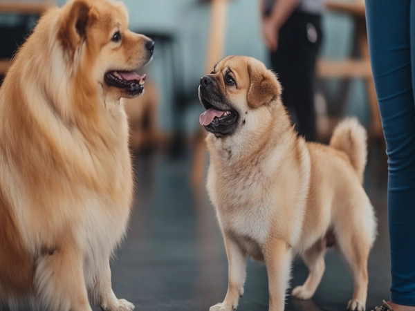 a Chug interacting positively with chow other dog during a socialization class.